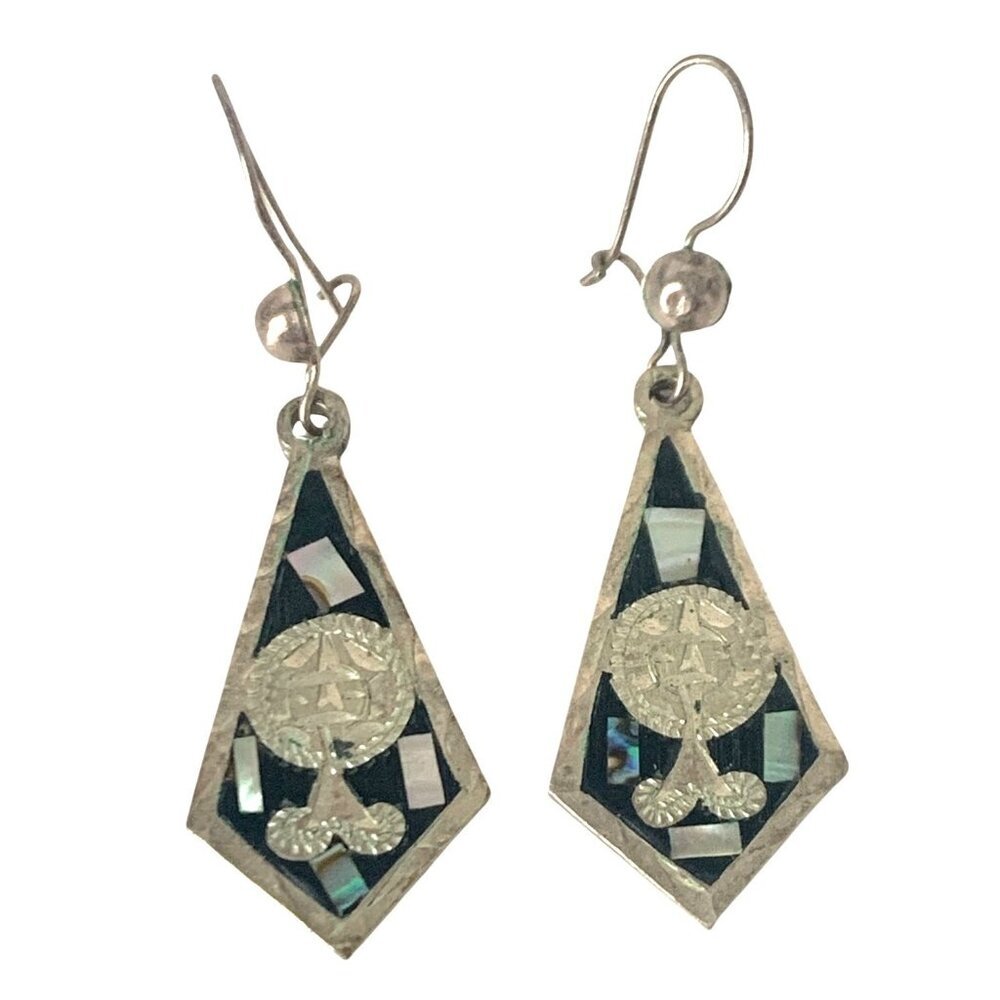 925 Sterling Earrings Pierced Mother of Pearl Inlay Enamel Dangle Mexico